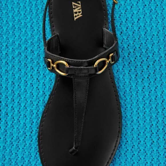 NEW ZARA FLAT LEATHER SANDAL WITH BUCKLE BLACK WOMENS‎ SIZE 8 METAL BUCKLE - Picture 7 of 7